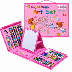 Set de Desen și Pictură pentru Copii, 208 Piese, Carioci, Creioane Colorate, Acuarele și Pensule, în Valiză, Albastru și Roz
