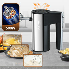 Mixer de Mână din Inox HALEY 500W – 5 Viteze, Silențios, Motor Puternic, Accesorii Incluse
