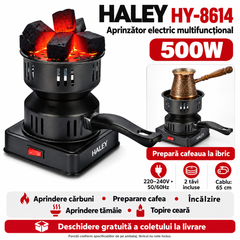 Aprinzător Electric Cărbuni HALEY HY-8614, 500W, 220–240V, 50/60Hz, Multifuncțional, pentru Aprindere Cărbuni, Încălzire, Preparare Cafea, Tămâie și Ceară, 2 Tăvi Incluse