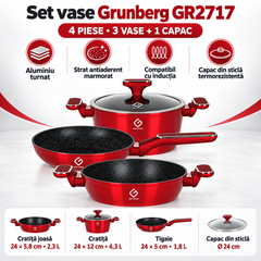 Set Vase Grunberg GR2717, 4 Piese, Aluminiu Turnat, Strat Antiaderent Marmorat, Capac din Sticlă, 24 cm, Compatibil cu Inducție