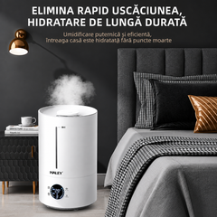 Umidificator de Aer HALEY HY-3101, Rezervor 5L, Umidificare 360°, Intensitate Reglabilă, Umplere de Sus, Panou Digital, 1000W, Alb