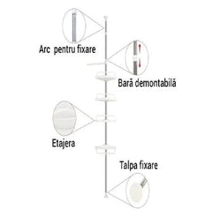 Etajeră Colț pentru Baie/Duș cu 4 Rafturi, Suport Prosop și Cărlige, Înălțime Reglabilă Max. 3.2 Metri, Alb