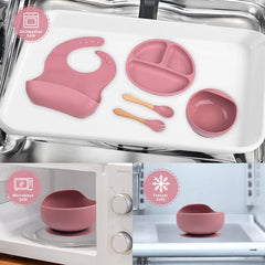 Set 10 piese hranire bebe, diversificare, silicon, baveta, farfurie, bol cu ventuza, lingurita si furculita, cana gustari, lingurita de lemn, si furculita de lemn, fara alergeni, ceasca dreapta, Roz.