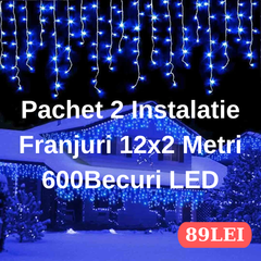 PACHET 2X Instalatie Franjuri 12 Metri, 2 x 300 Becuri LED ALB,Multicolor,ALBASTRU