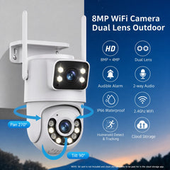 Cameră de Supraveghere IP WiFi HNY 6MP 4K, Rotire 355°, Detectare Umană, Recunoaștere Facială, IP66, Card 32GB Inclus