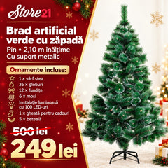 PROMOTIE IMBATABILA! Cu Doar 249Lei In Loc De499 Ai:Brad Artificial Pin , 2.10M, Complet Impodobit.Cu Suport Metalic