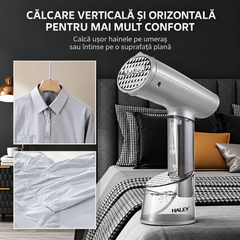 Aparat de Călcat Vertical și Orizontal cu Aburi HALEY HY-333, 1500W, Încălzire Rapidă în 20 Secunde, Debit Abur 20–25 g/min, 2 Rezervoare de Apă 70/300 ml, Protecție la Supraîncălzire, Perie Inclusă