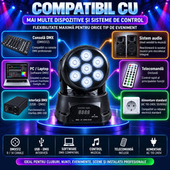 Moving Head LED Profesional 7×10W RGBW 4-în-1, 80W, DMX512 9/14 Canale, PAN 540° / TILT 180°, Stroboscop, Dimmer, Control Muzical, Auto și Master-Slave