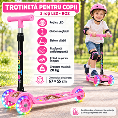 Trotinetă HNT pentru Copii cu 3 Roți LED, Pliabilă, cu Ghidon Reglabil și Frână Spate, Roz