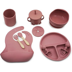 Set 10 piese hranire bebe, diversificare, silicon, baveta, farfurie, bol cu ventuza, lingurita si furculita, cana gustari, lingurita de lemn, si furculita de lemn, fara alergeni, ceasca dreapta, Roz.