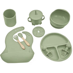 Set 10 piese hranire bebe, diversificare, silicon, baveta, farfurie, bol cu ventuza, lingurita si furculita, cana gustari, lingurita de lemn, si furculita de lemn, fara alergeni, ceasca dreapta, Roz.