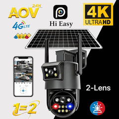 Cameră de Supraveghere Solară 4G AOV cu 2 Obiective, Monitorizare Video Continuă 24H, IP66, Acumulator Integrat, Panou Solar, Card TF și Cloud, Alarmă cu Notificări