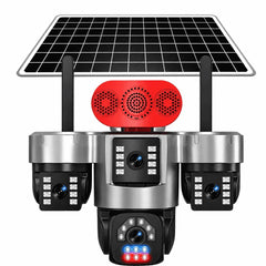 Cameră de Supraveghere Solară 4G cu 3 Lentile de 5MP, Obiectiv Central Rotire 360°, Laterale 90°, 6K Ultra HD, AOV 24/24, IP66, Panou Solar, Card TF și Cloud
