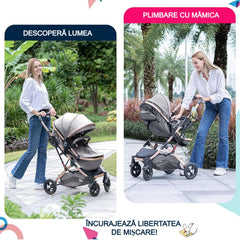 Carucior, 2 in 1 KIDOO® – Cărucior Pliabil cu Fața Inversă pentru Bebeluși cu Diverse Moduri, Cărucior Reglabil și Culisant