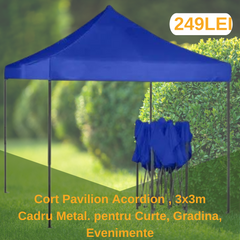 Cort Pavilion 3x3m Albastru Pliabil Cadru Metal pentru Curte, Gradina, Evenimente