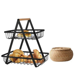Cos de fructe, decorativ, Metal, 2 etaje, Negru