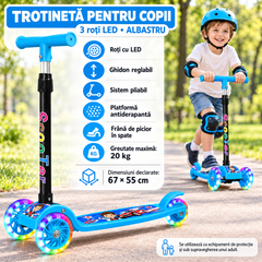 Trotinetă HNT pentru Copii cu 3 Roți LED, Pliabilă, cu Ghidon Reglabil și Frână Spate, ALBASTRU