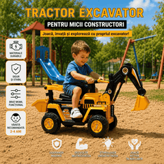 Tractor Excavator Electric Pentru Copii 2-4 Ani, Cu Braț Mobil, Cupă Funcțională, Volan Cu Sunete Și Pedală, Galben