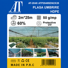 Plasă Umbrire AT PERFORMANCE® HDPE Verde 60% UV 2x25m – AT-2049