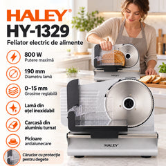 Feliator Electric de Alimente HALEY® HY-1329, Putere Maximă 800W, Lamă din Oțel Inoxidabil de 190 mm, Grosime de Tăiere Reglabilă 0–15 mm, Carcasă din Aluminiu Turnat, Protecție pentru Degete, Împingător Transparent cu Protecție