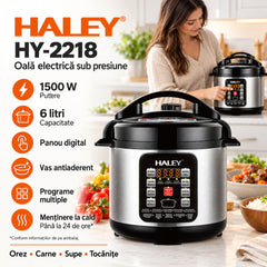 HALEY Vezi toate produsele Oală Electrică sub Presiune Multifuncțională HALEY® HY-2218, 1500W, Capacitate 6 Litri, Panou Digital cu Programe de Gătire, Vas Interior cu Strat Antiaderent, Gătire Rapidă, Economie de Energie