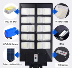Lampă Solară LED HNY 1000W cu Panou Fotovoltaic, Telecomandă, Suport de Montaj, Senzor de Lumină, IP65, 6500K