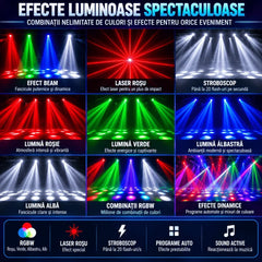 Moving Head Profesional RGBW cu Laser Roșu, Stroboscop, 8×10W + 8×3W LED, DMX512 26 Canale, Sound Active, Auto, Master/Slave și Telecomandă