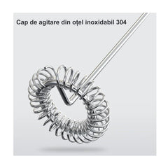 Mixer spuma lapte, At Performance, Electric cu baterie, bauturi calde/reci, maner izolat termic, otel inoxidabil, Pentru latte, ciocolata calda, cappuccino, frappe, usor de folosit cu suport metalic