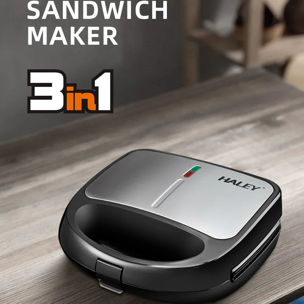 Sandwich Maker 3 în 1 HALEY® HY-1031, Plăci Antiaderente, Grill și Waffle, Design Compact, Negru
