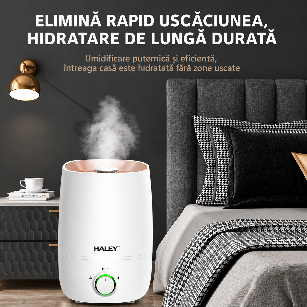 Umidificator De Aer Haley HY-3100, 5L, 1000W, Umidificare 360°, Reglare Continuă a Ceții, Rezervor Mare