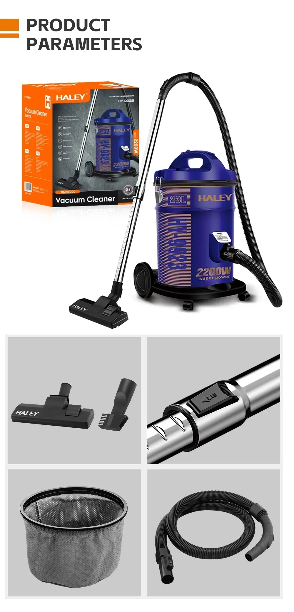 Aspirator cu Sac HALEY® HY-9923, 2200W, Capacitate Rezervor 23L, Funcționare Uscat, Mov