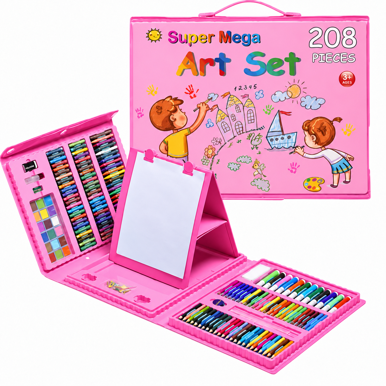 Set de Desen și Pictură pentru Copii, 208 Piese, Carioci, Creioane Colorate, Acuarele și Pensule, în Valiză, Albastru și Roz