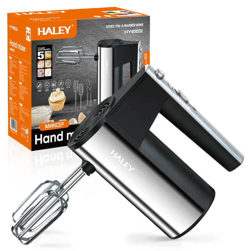 Mixer de Mână din Inox HALEY 500W – 5 Viteze, Silențios, Motor Puternic, Accesorii Incluse