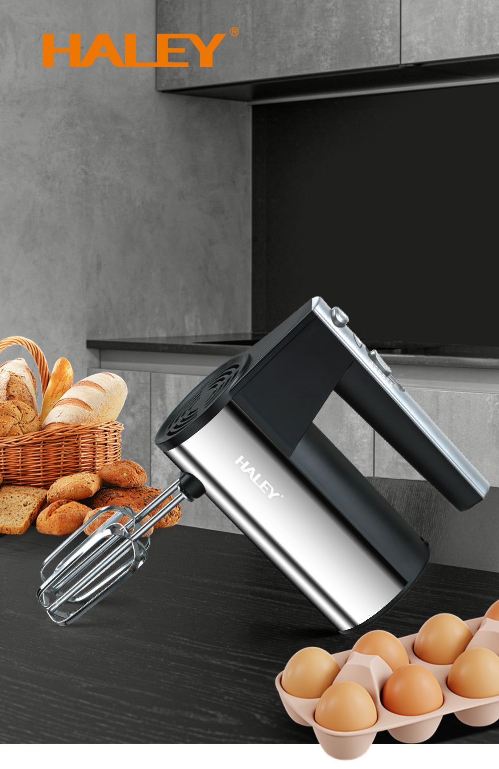 Mixer de Mână din Inox HALEY 500W – 5 Viteze, Silențios, Motor Puternic, Accesorii Incluse