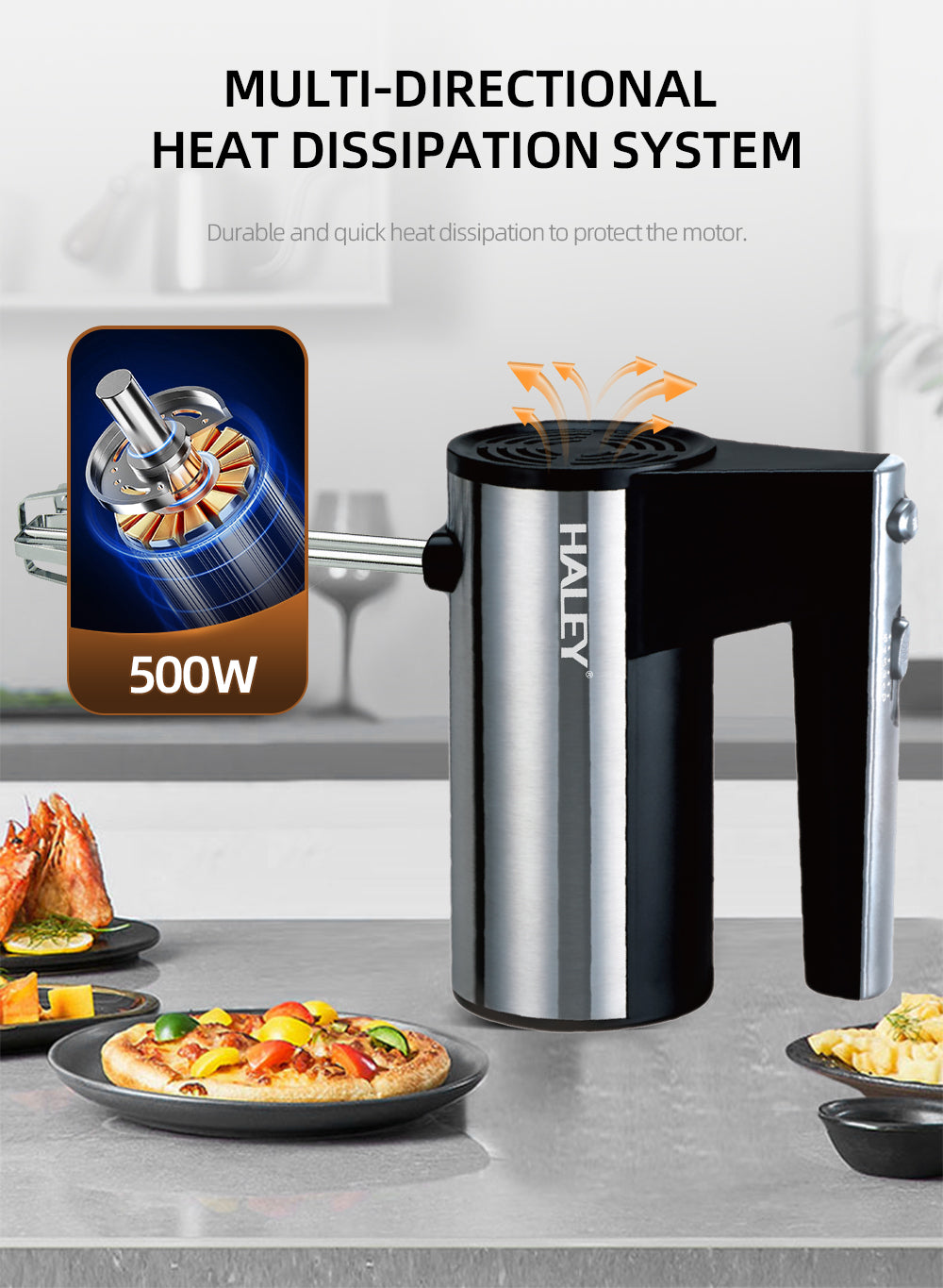 Mixer de Mână din Inox HALEY 500W – 5 viteze, silențios, motor puternic, accesorii incluse
