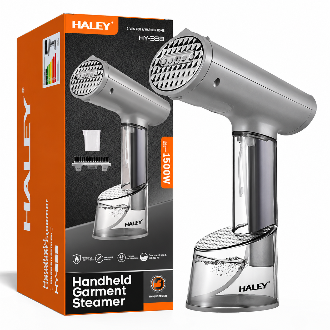 Aparat de Călcat Vertical și Orizontal cu Aburi HALEY HY-333, 1500W, Încălzire Rapidă în 20 Secunde, Debit Abur 20–25 g/min, 2 Rezervoare de Apă 70/300 ml, Protecție la Supraîncălzire, Perie Inclusă