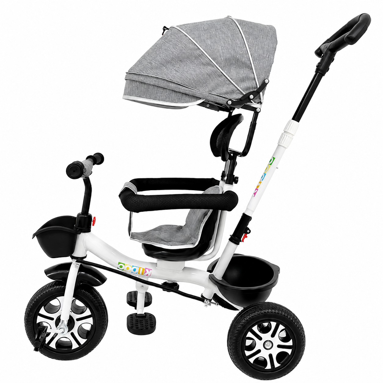 Tricicletă Evolutivă Kiddo KD-X06, Scaun Rotativ 360°, Poziție de Somn, Centură 5 Puncte, Copertină UV, Roți din Cauciuc, 9 Luni – 6 Ani