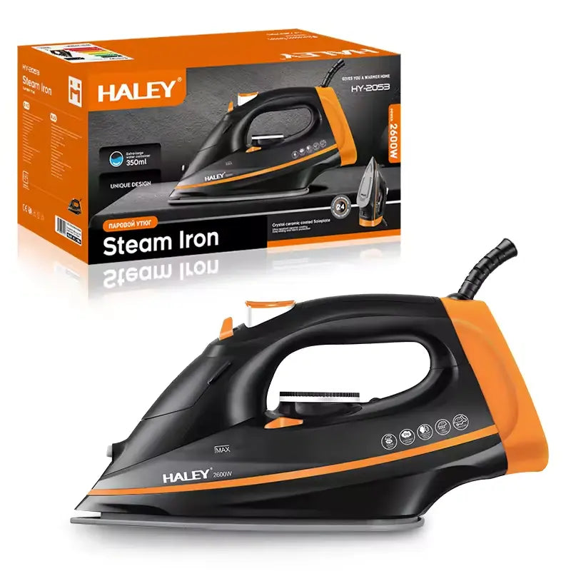 Fier de călcat cu abur HALEY® HY-2053, 2600W, Talpă ceramică, Rezervor 350ml, Funcție Abur Vertical, Auto-curățare, Anti-Picurare, Negru/Portocaliu
