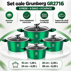 Set 4 Oale Grunberg GR2716, 8 Piese, Aluminiu Turnat, Înveliș Antiaderent Marmorat, Capace din Sticlă, Compatibil cu Inducție