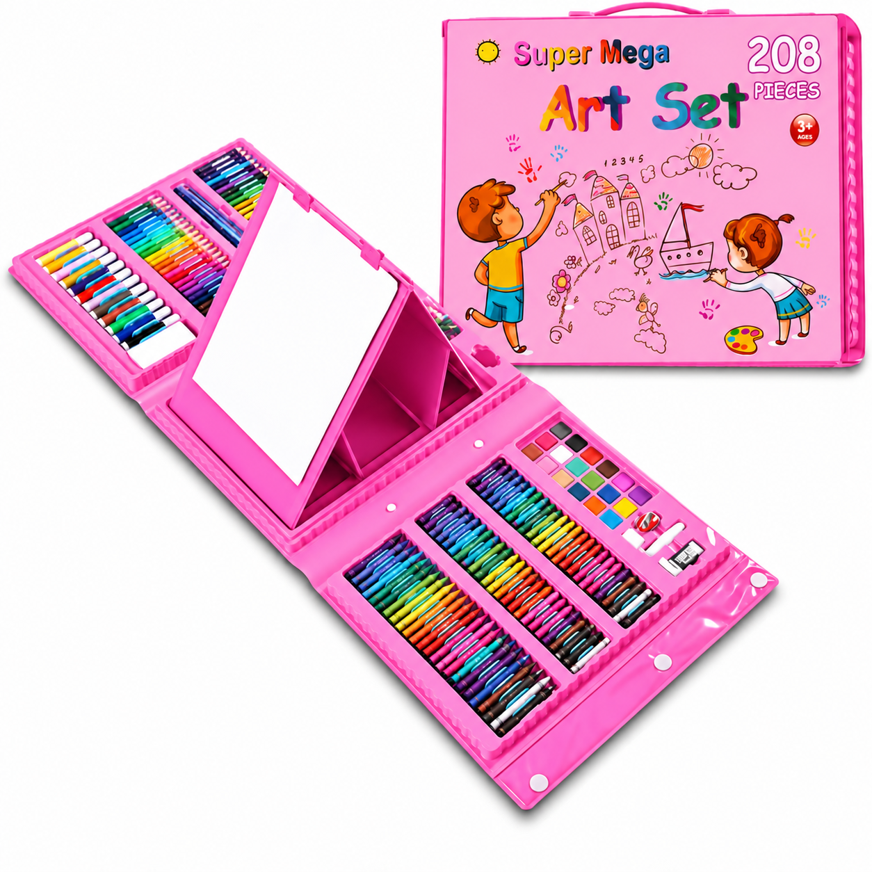 Set de Desen și Pictură pentru Copii, 208 Piese, Carioci, Creioane Colorate, Acuarele și Pensule, în Valiză, Albastru și Roz