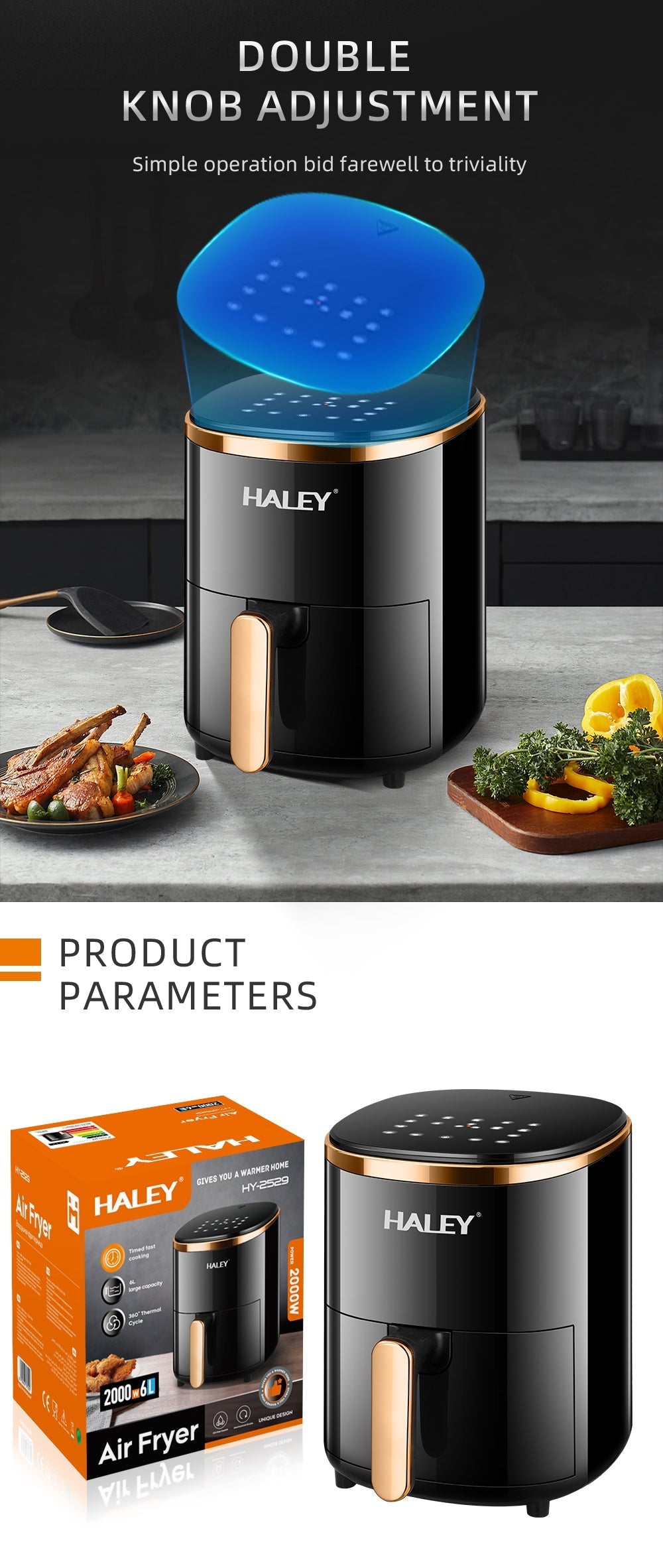 Friteuză cu Aer Cald Haley 6L – Eleganță și Gătit Inteligent în Bucătăria Ta