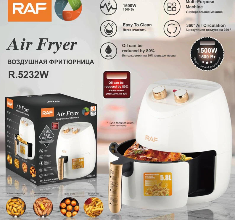 Friteuza electrica profesionala Air Fryer alb, AT PERFORMANCE®, RAF Air Fryer 5.8L 1500W Manual, Multi-Purpose, 360 Air Circulation R.5232 - Gatit sanatos si eficient pentru intreaga familie