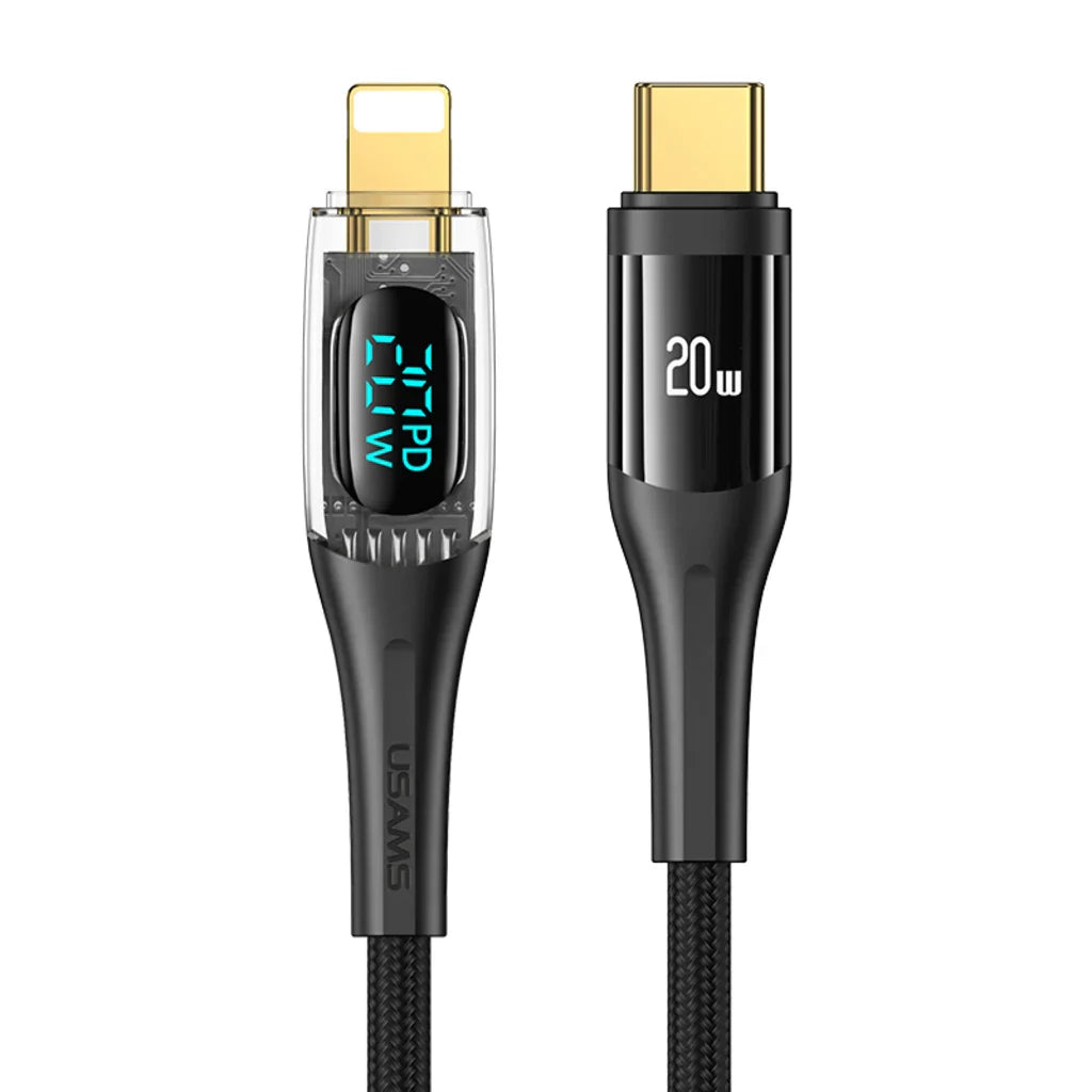 Cablu de încărcare USAMS USB-C – Lightning PD 20W, afișaj digital, design transparent, 1,2 m