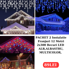 PACHET 2X Instalatie Franjuri 12 Metri, 2 x 300 Becuri LED ALB,Multicolor,ALBASTRU