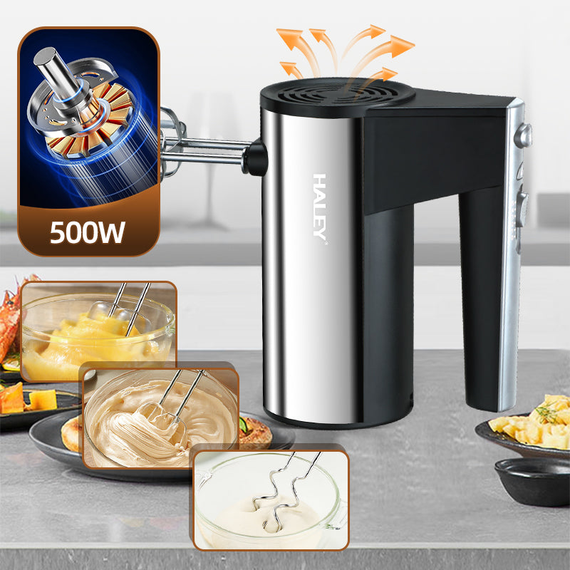 Mixer de Mână din Inox HALEY 500W – 5 Viteze, Silențios, Motor Puternic, Accesorii Incluse