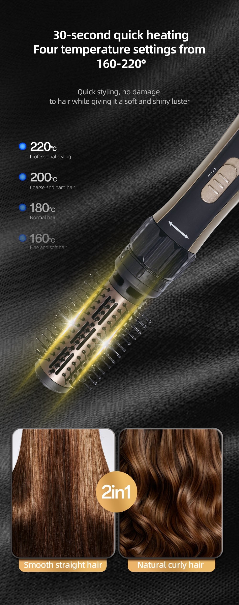 Perie Rotativă cu Uscător HALEY – Feon 2 în 1, 1000W, 2 Trepte Viteză, Coafare Rapidă și Volum, Design Elegant Negru