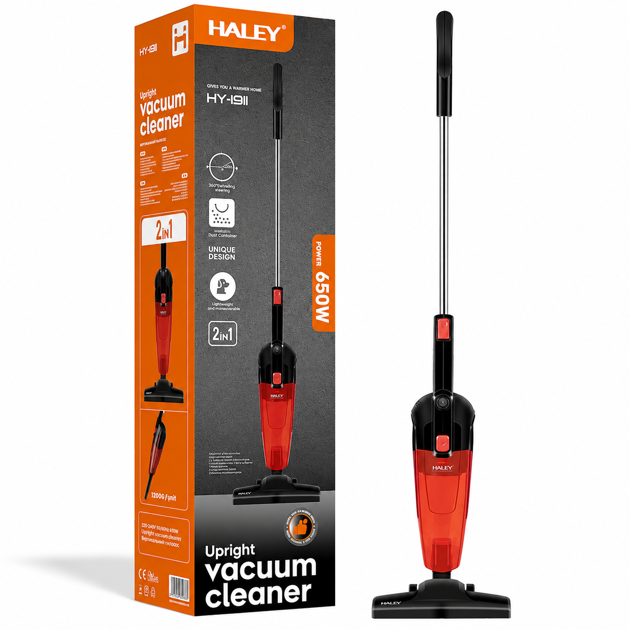 Aspirator Vertical 2 în 1 Cu Fir HALEY HY-1911, 650W, Recipient 1,2L, Tehnologie Ciclon, Filtrare în 4 Trepte, Rază 5 m