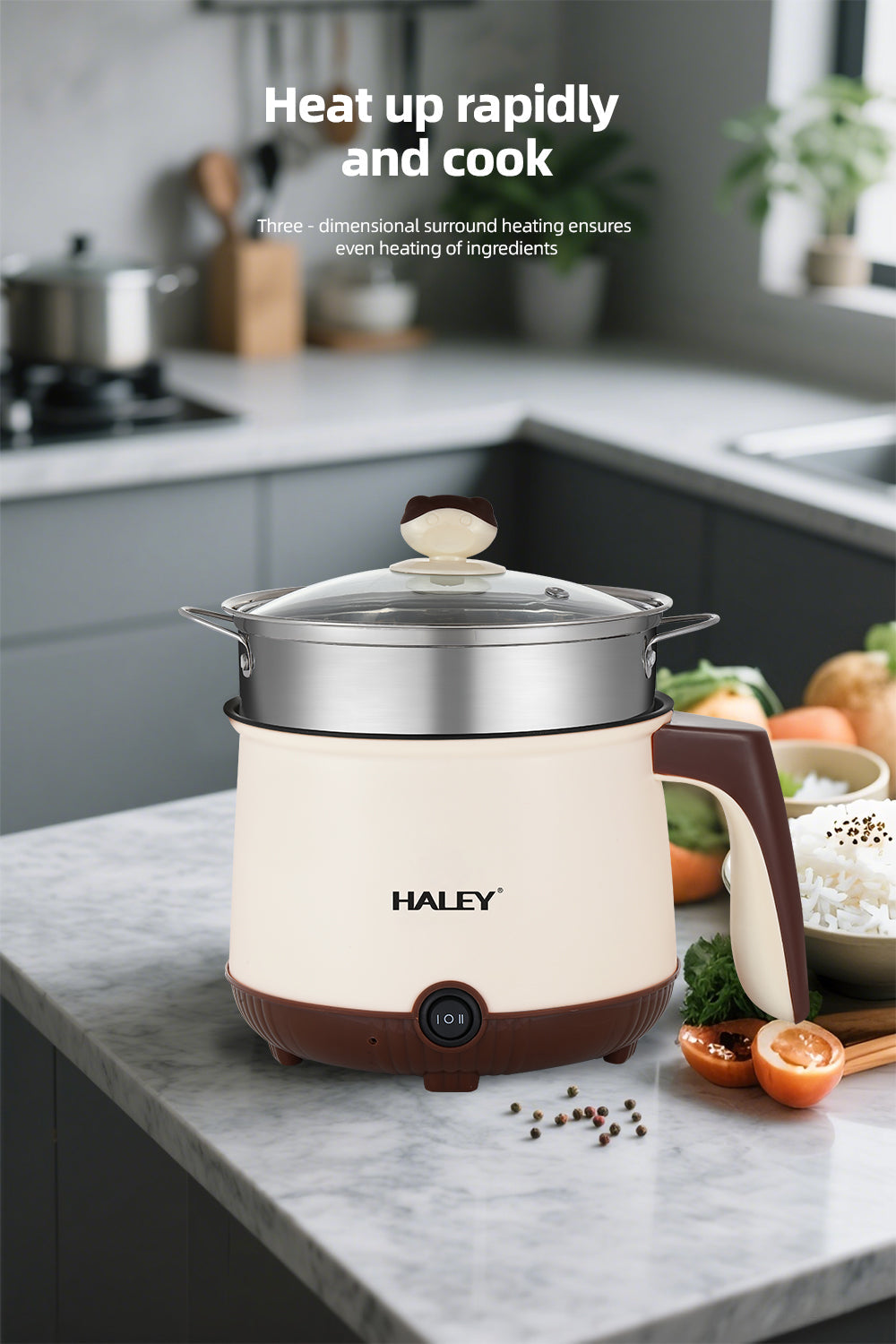 Multicooker Electric Portabil 2.2L, 600W – Gătit Rapid, Menținere la Cald, Oală Antiaderentă, Protecție Supraincălzire