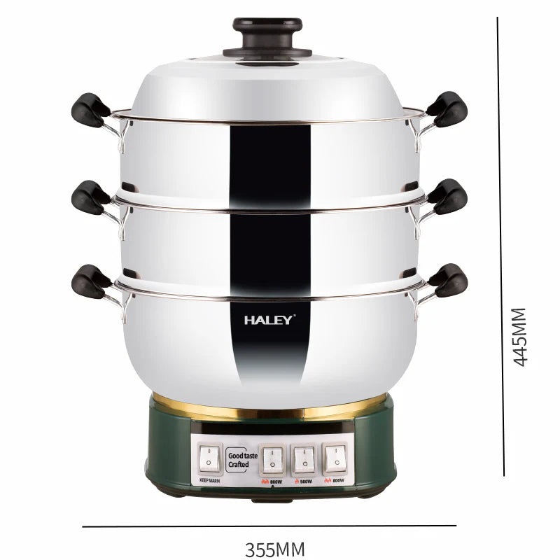 Vas Electric Multifuncțional HALEY HY-501, 2100W, Inox Premium cu Abur pe Două Nivele, Ideal pentru Gătit Sănătos Acasă sau la Hotel