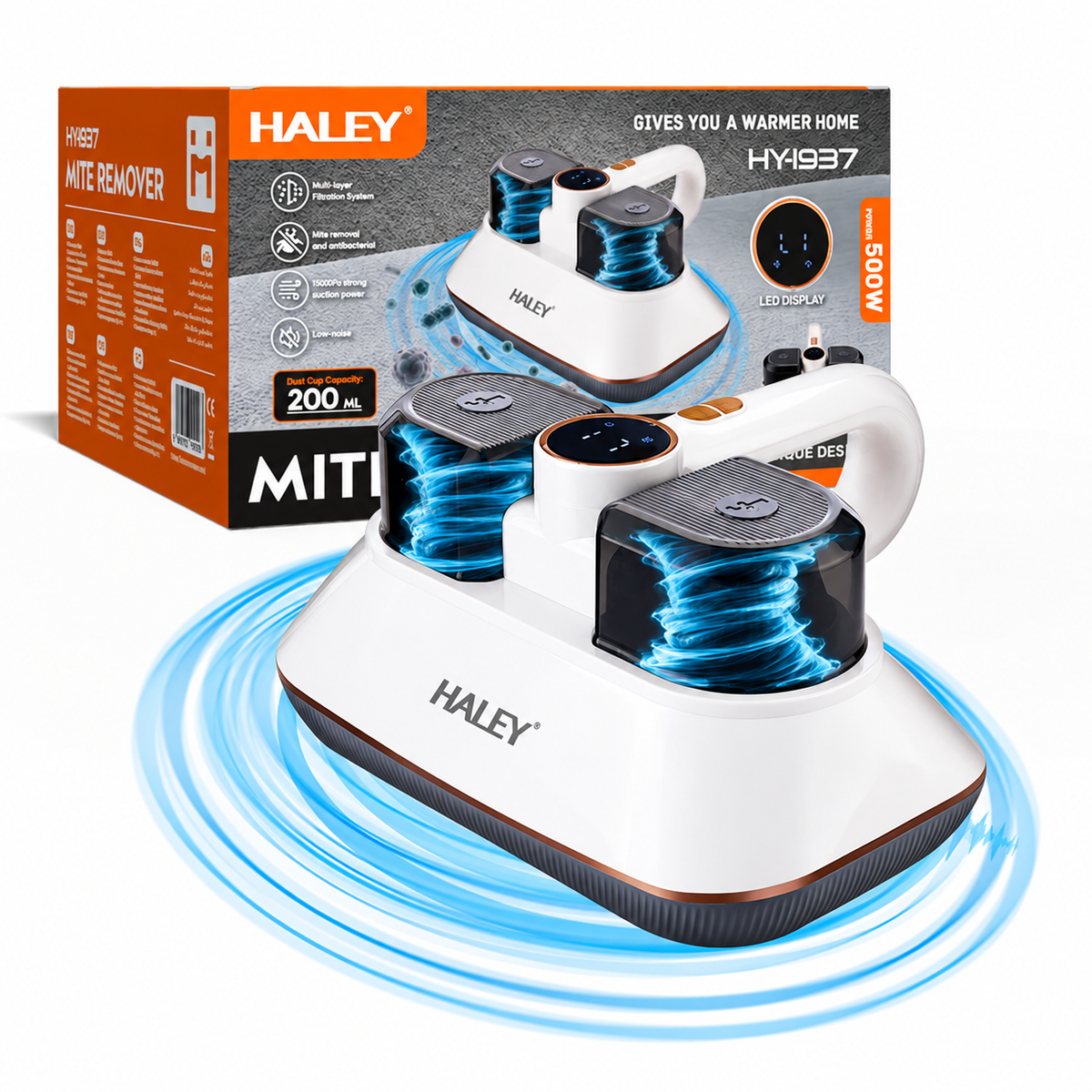 Aparat pentru Îndepărtarea Acarienilor și a Scamelor HALEY HY-1937, 500W, Putere de Aspirare 8500Pa, Sistem de Filtrare Multistrat, Funcție Antibacteriană, Display LED, Recipient 200 ml